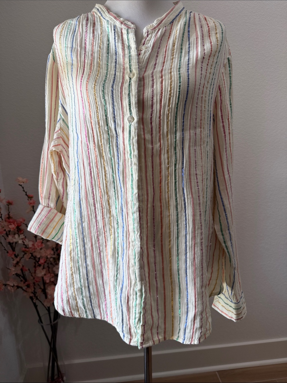 GAP Cream Button-Down Shirt with Multicolor Metallic Stripes